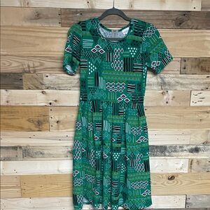LuLaRoe size Small Amelia Super Stretchy Green Geometric Midi Dress with Pockets
